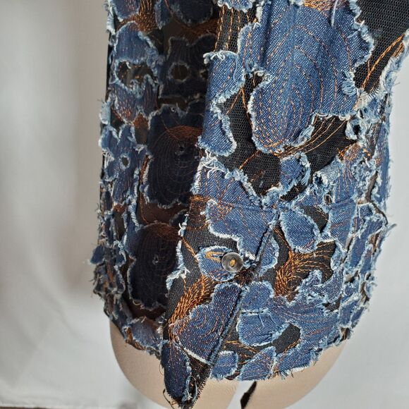 Mishca Women's Shirt Small Blue Denim Distressed Applique on Mesh Embroidered - Picture 5 of 12